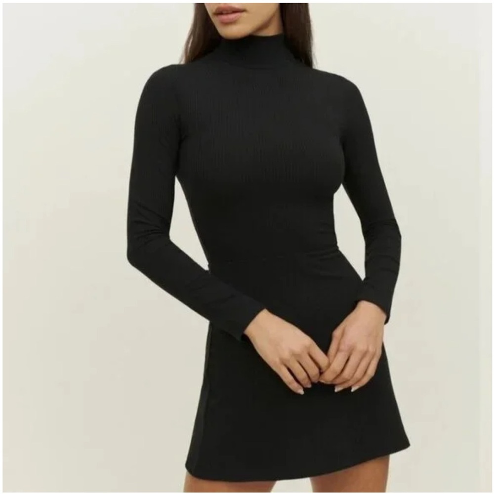 Reformation Black Ribbed Turtleneck Mini Dress